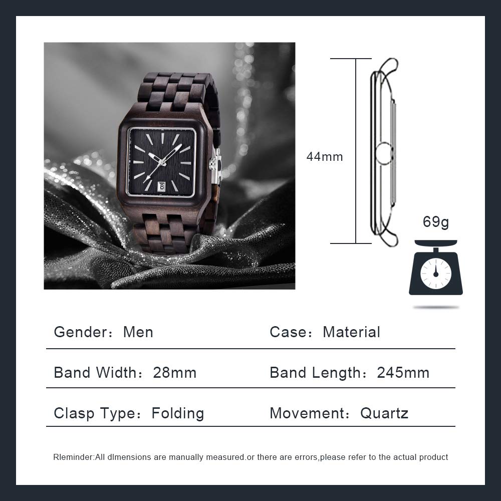 Reloj de madera rectangular de los hombres Movimiento de cuarzo Relojes de madera para hombres relojes para hombre