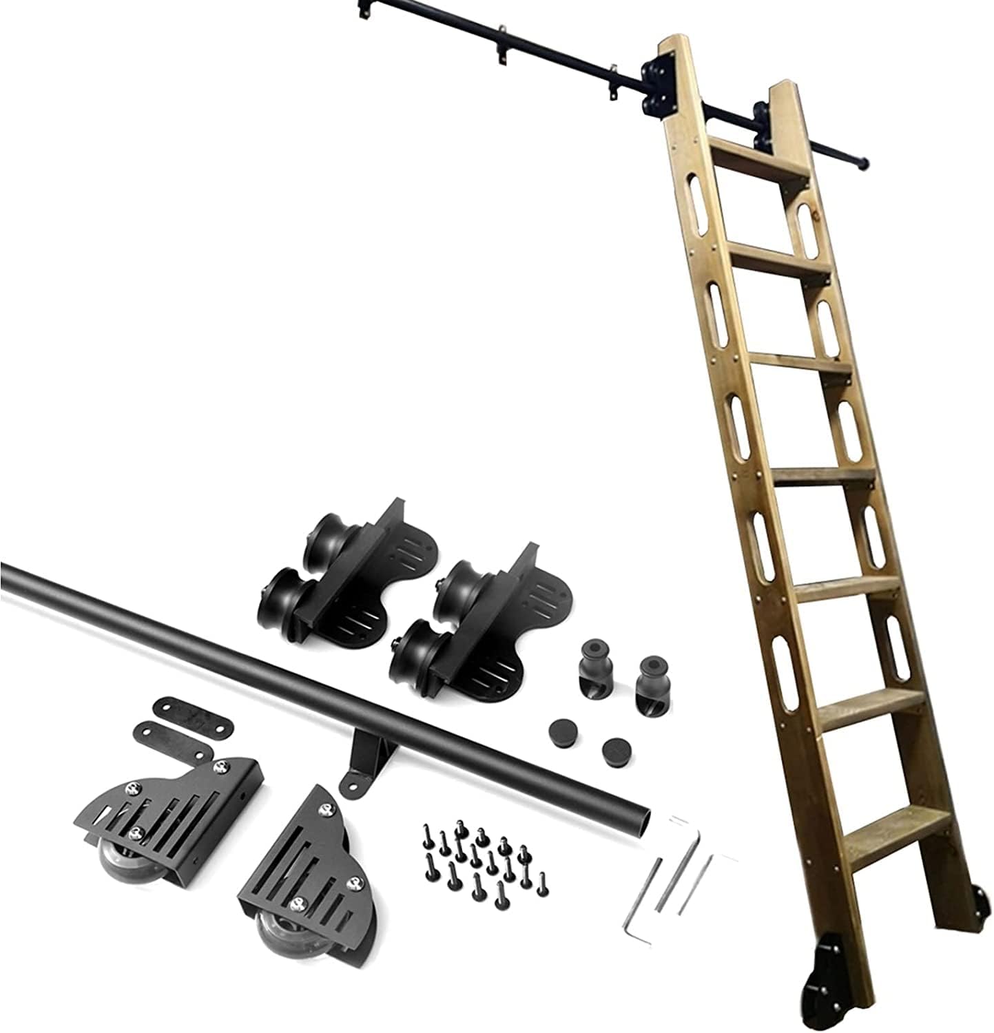 Rolling Library Ladder Hardware Track Kit Round Tube Mobile Ladder Rail, Sliding Ladder Library Full Set Hardware Rolling Track with Floor Roller Wheels(No Ladder) (Size : 6.6ft/200cm Track