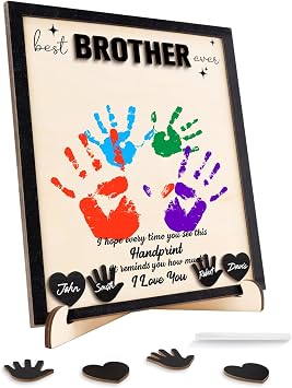 Funnli Gifts for Brother Men Boys, Brother Birthday Gifts DIY Handprint Plaque with Paint, Fathers Day Christmas Birthday Graduation Gifts for Brother from Sister, Wooden Room Decor Framed Plaque
