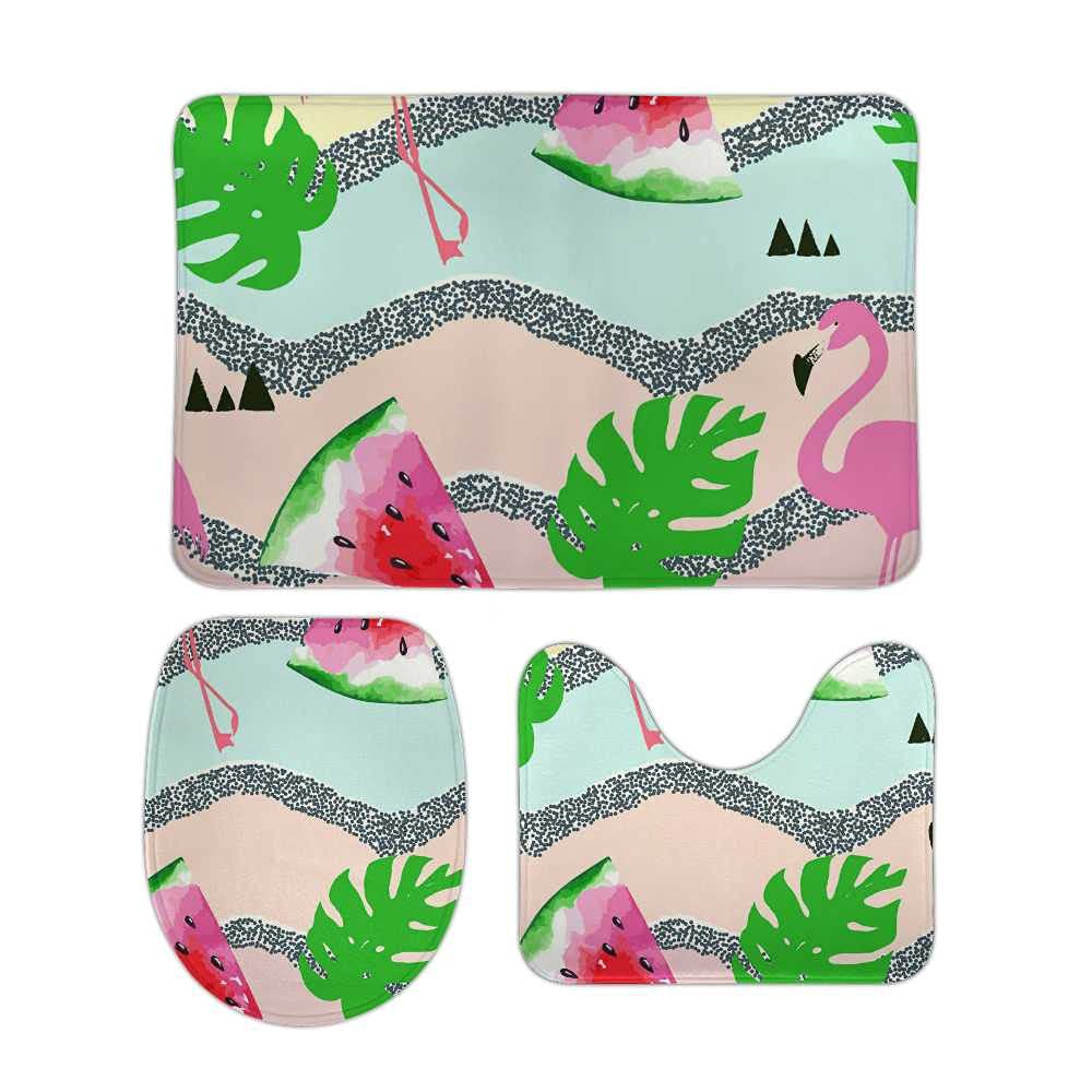 Tapis de salle de bain flamant rose géométrique 3 pièces en polaire douce