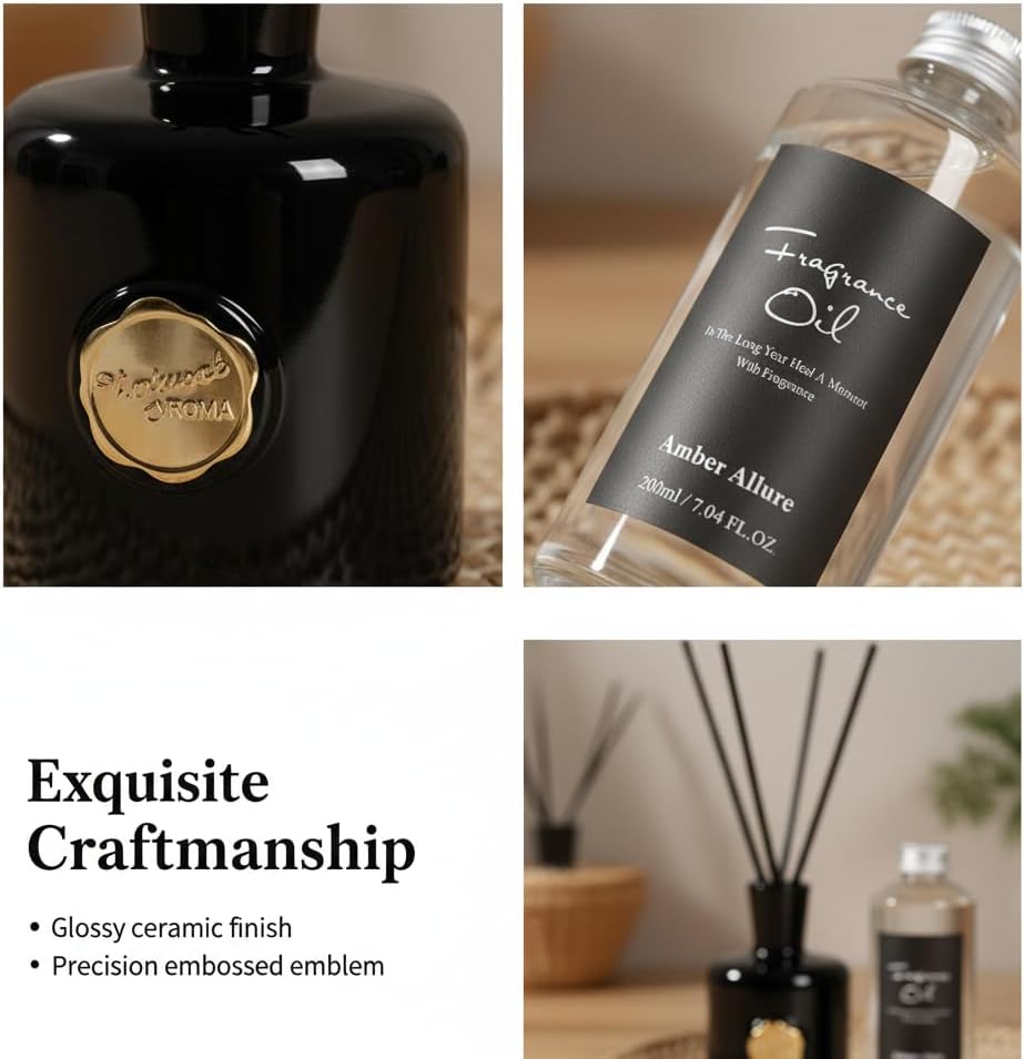 Amber Ceramic Reed Diffuser Set,Strong Scent, Natural Home Fragrance
