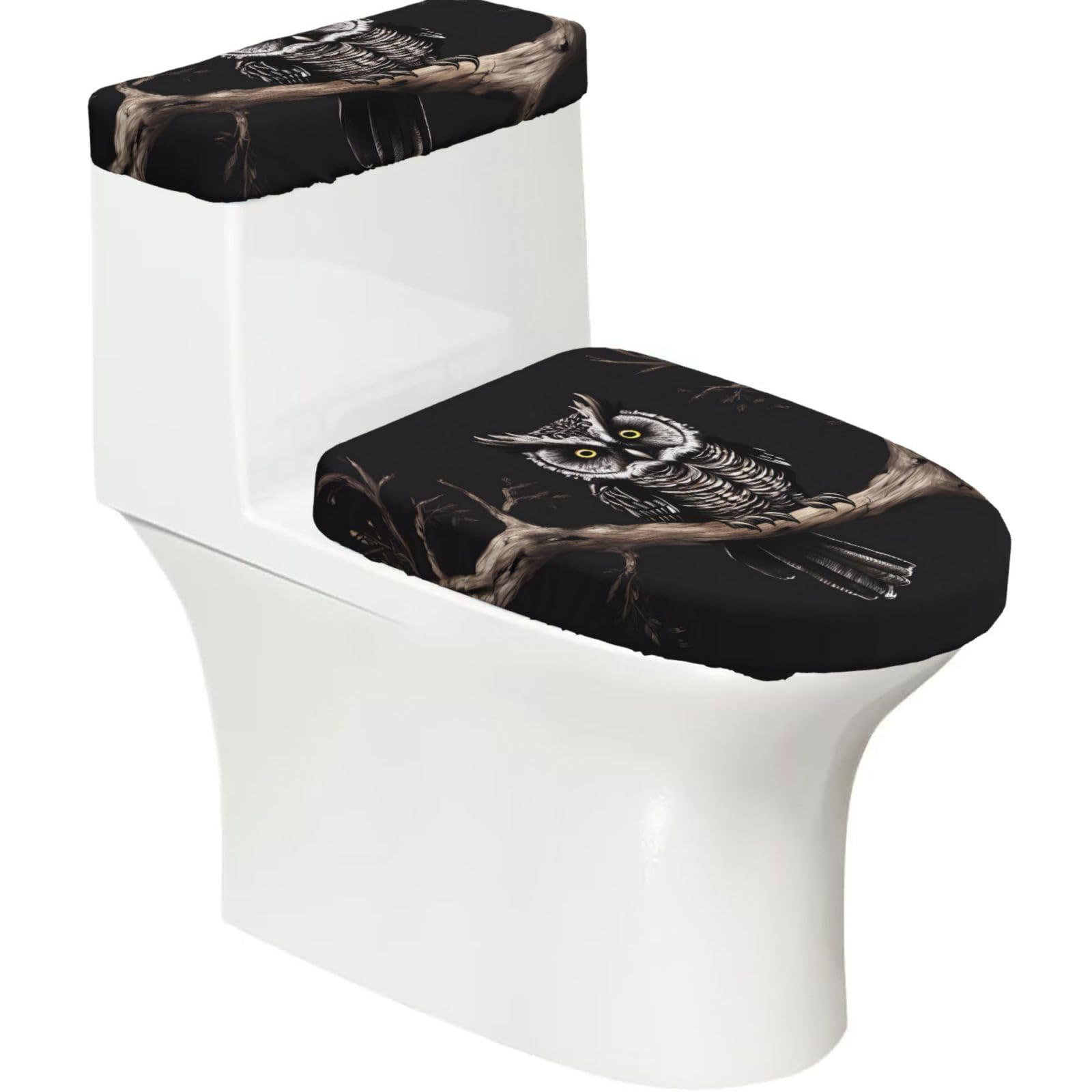 Cntdbu Black Late Night Owl Stretchy Toilet Lid And Tank Cover Set-Soft Elastic Bathroom Decor For U Shape Oval