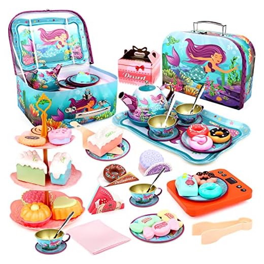 deAO Tea Party Set for Little Girls,48 PCS Princess Tea Time Mermaid Theme Tin Tea Set,Including Teapot,Cups, Dessert,Cookies and Carrying Case, Kitchen Pretend Play for Girls Kids Toys Gifts…