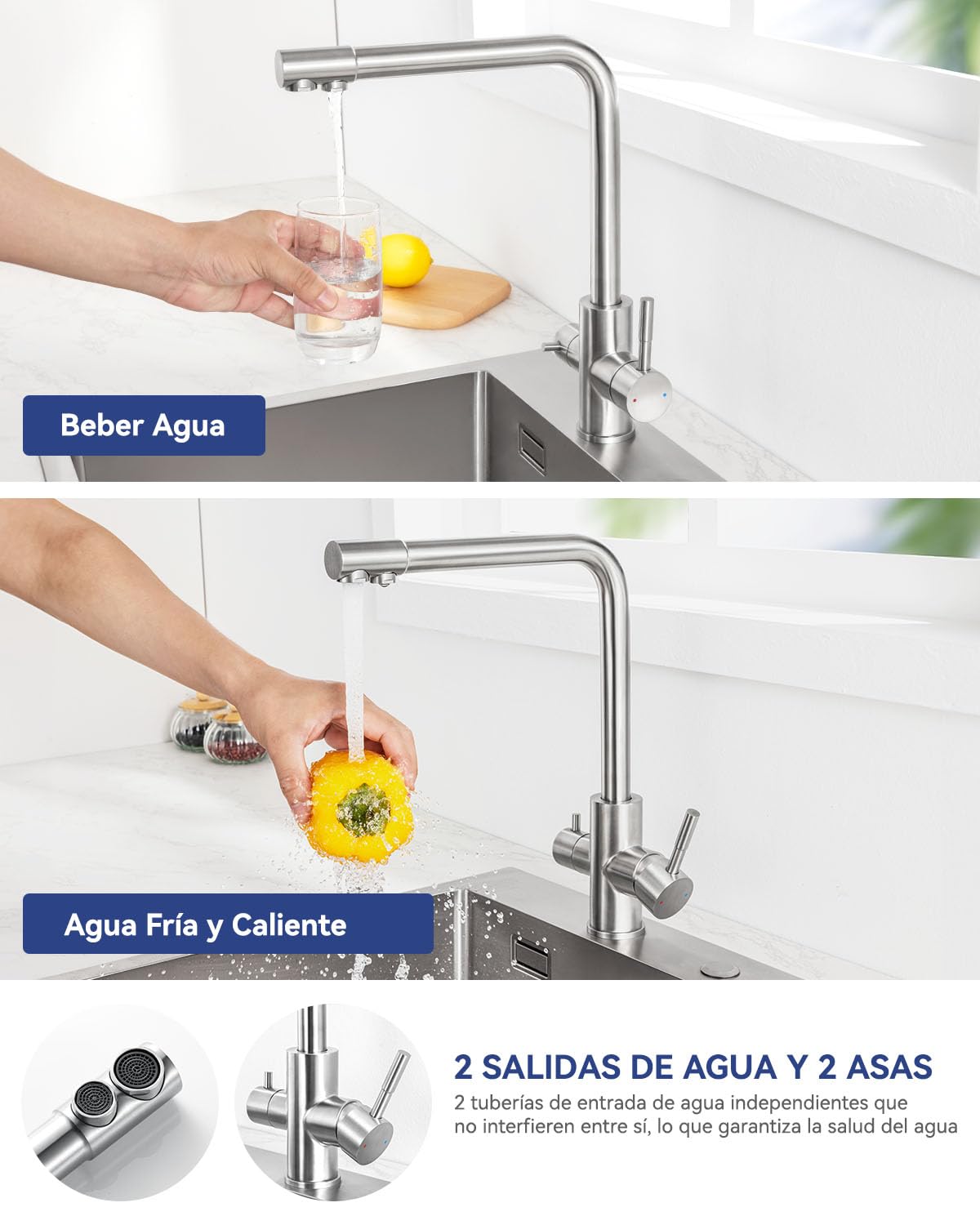 Grifo Cocina 3 Vías, Grifo Osmosis con 2 Palancas, Grifo de Cocina Fregadero con Agua Fría y Caliente y Agua Filtrada, Acero Inoxidable Cepillado, Giratorio 360°（Sin Purificador de Agua）
