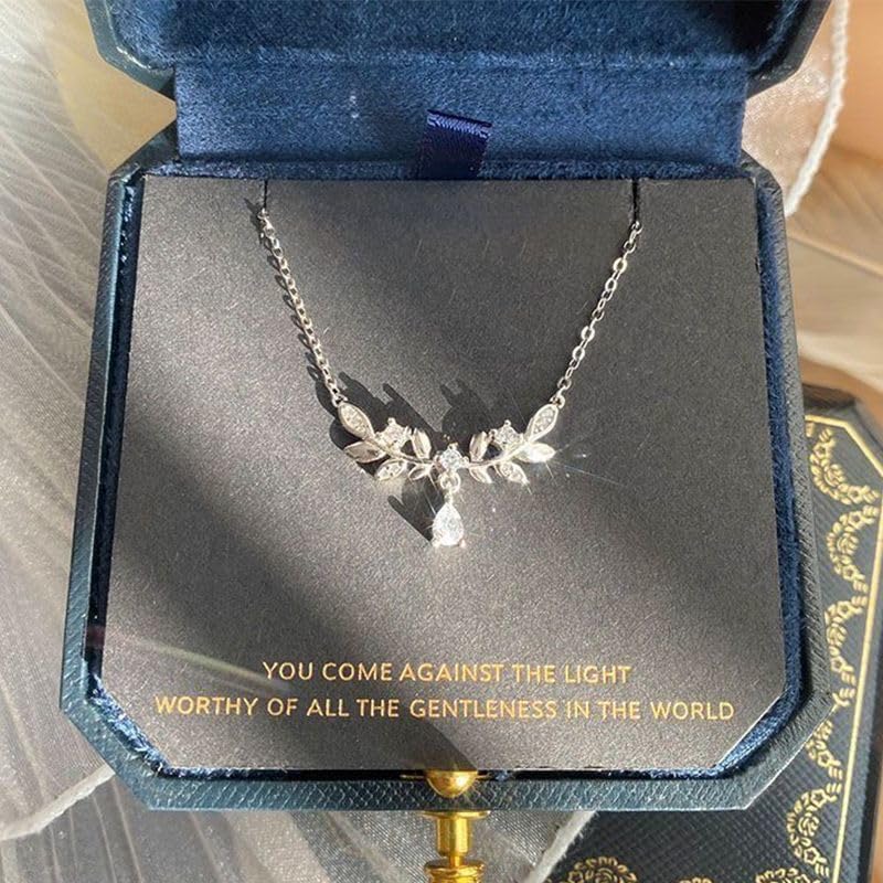 18K Gold Plated Elegant Leaf Branch Pendant Necklace with Teardrop Cubic Zirconia – Sterling Silver Plated Delicate Statement Jewelry for Women - Image 3