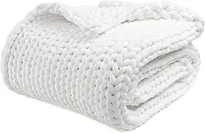 YnM Velvet Weighted Blanket, Handmade Chunky Knitted Design, Soft and Cozy, Temperature Regulating and Breathable, Machine Washable Throw for Sleep or Home Decor (White, 80x87 Inch, 25lbs)