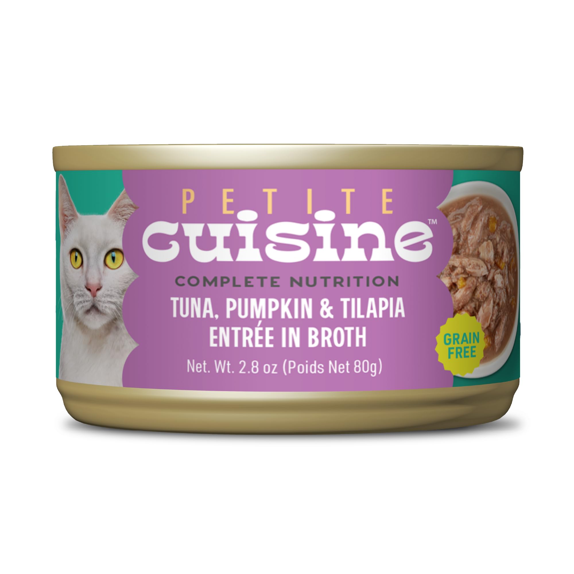 PETITE CUISINE Whole Foods Wet Cat Food, Tuna, Pumpkin & Tilapia Entree in Broth, 2.8 oz. Can (24 Count)