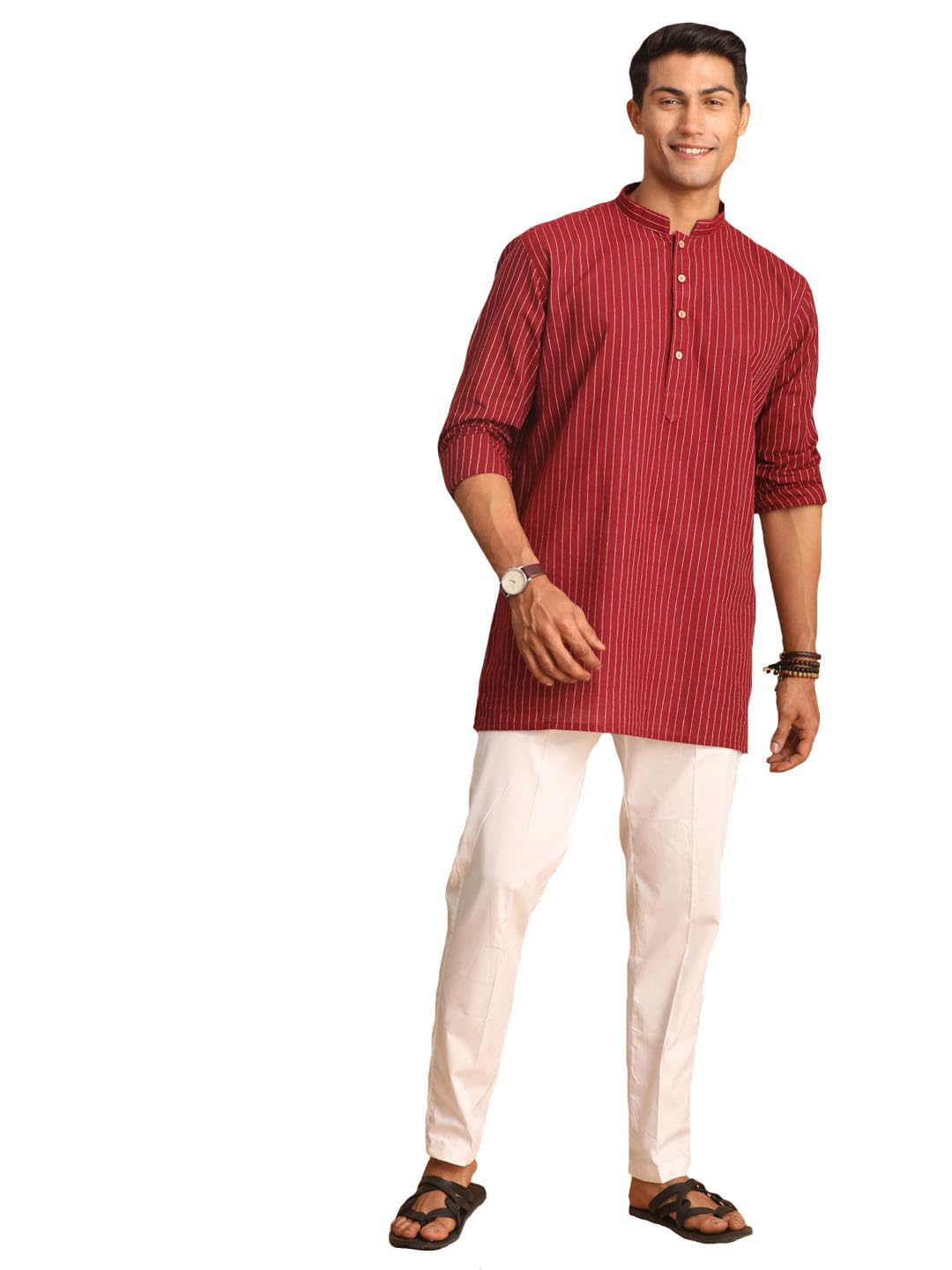 shvaas by vastramay Striped Regular Men's Maroon and White Cotton Kurta Pyjama Set-picture-10