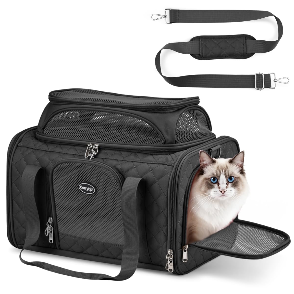 CarryTip Cat Carrier Airline Approved 17x11x9.5 Inches, Top Expandable Soft Sided Pet Travel Carrier for Cats & Small Dogs, Fits Under Airline Seat with Locking Zippers, Black