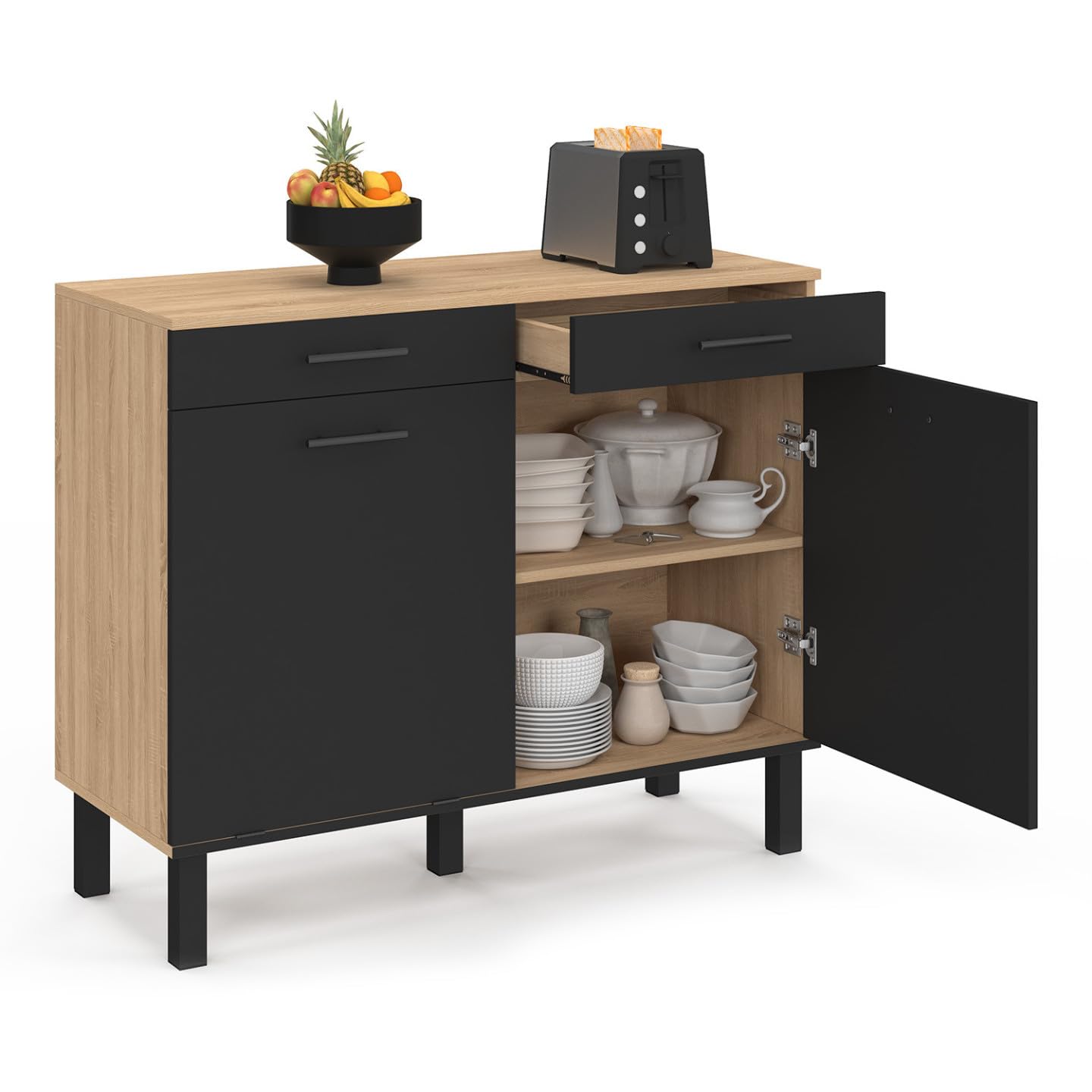 IDMarket - Küchenbuffet mit Abfalleimer 100 cm CINA Arbeitsplatte H.83 cm 2 Türen + Schubladen in Buchenholzoptik und Schwarz