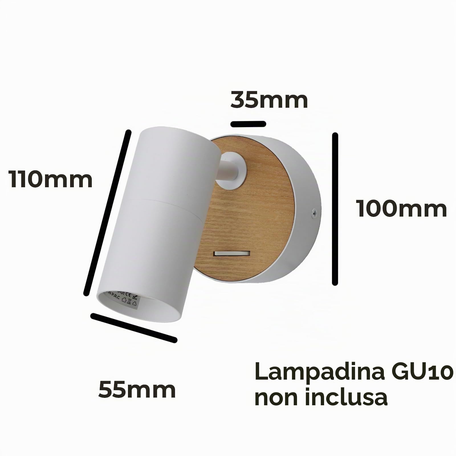 Alpinaluz Applique da Parete GU10 con Testa Cilindrica Orientabile a 350°, Base Rotonda Ø10 cm e Interruttore Integrato, Bianco e Legno Naturale, Stile Nordico, per Lettura, Camera o Soggiorno
