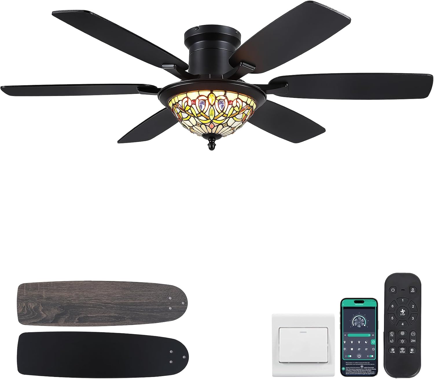 Tiffany Ceiling Fans with Lights - 52" Ceiling Fan Chandelier with Stained Glass Shade, 6 Speeds Reversible 6 Dual-Blades, Flush Mount, 3 CCT Dimmable LED Lights, Remote & APP Control, Vintage Style