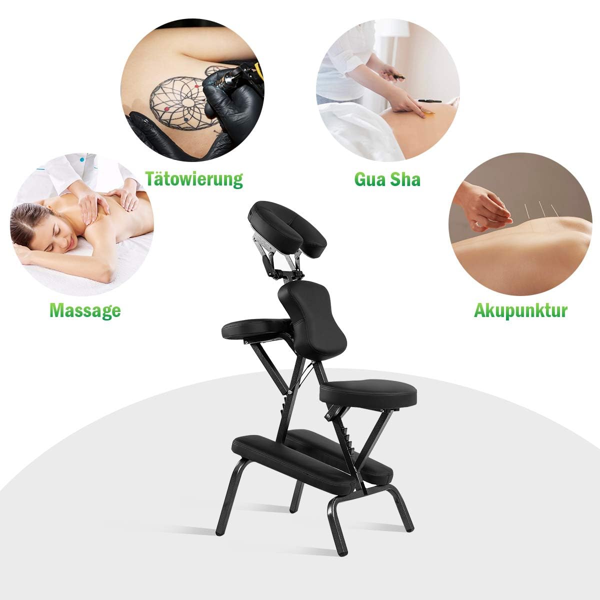 FANTASK Black Massagestuhl, Massagestitz klappbar mit Tragetasche, Tattoostuhl höhenverstellbar