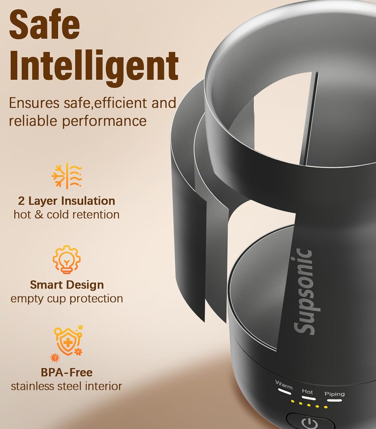 Supsonic - 14oz Heated Coffee Mug, Self-Heating Travel Mug with 3-Temp Settings, Insulated Stainless Steel Constant Temperature Heating Mug for Beverage, Smart Heating Portable Coffee Mug | S1