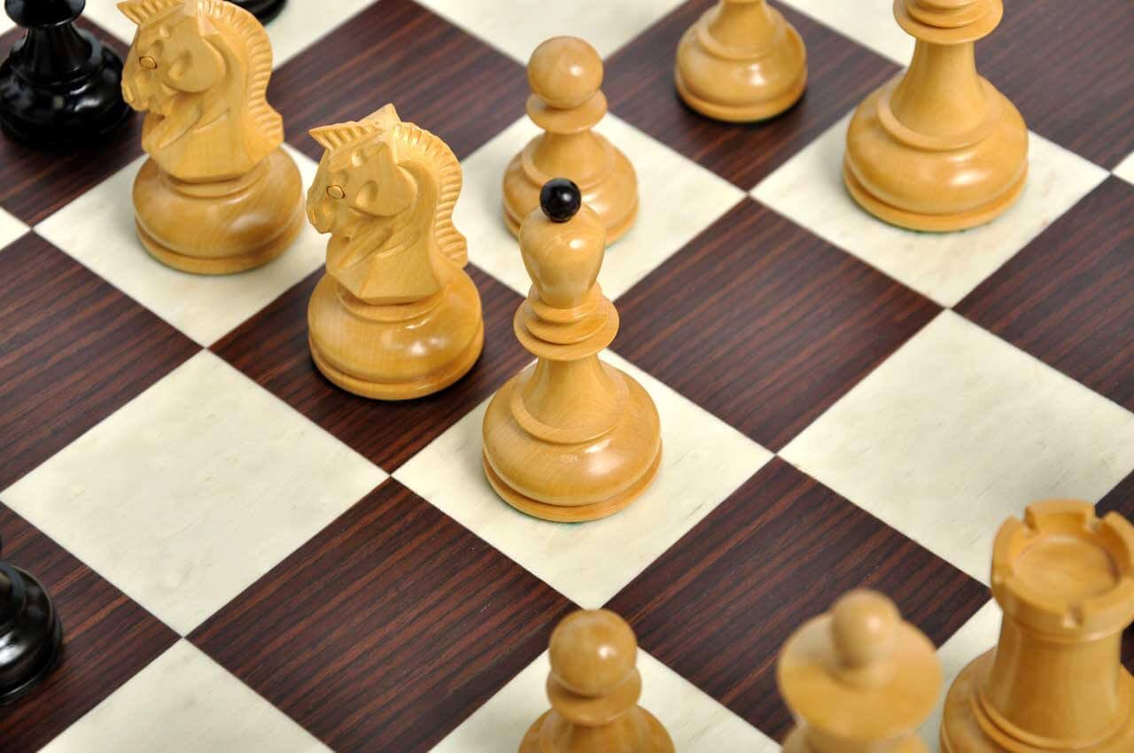 The Dubrovnik Chess Set, Box, Board Combination - Ebonized Boxwood and Natural Boxwood - by The House of Staunton