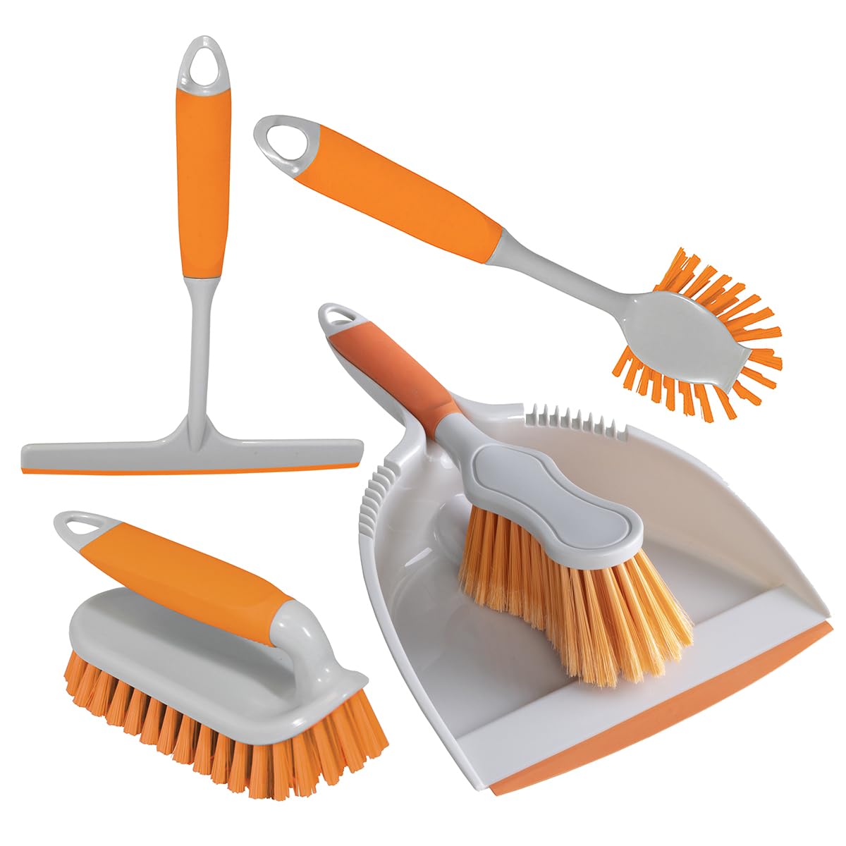 Charles Bentley Orange 5 Piece Cleaning Set, Grey, Dustpan & Brush, Dish Brush, Scrubbing Brush, Squeegee, Comfortable Handles, Practical, Grey, Plastic, Soft Grip, Hanging Holes (32X24x10.5cm)