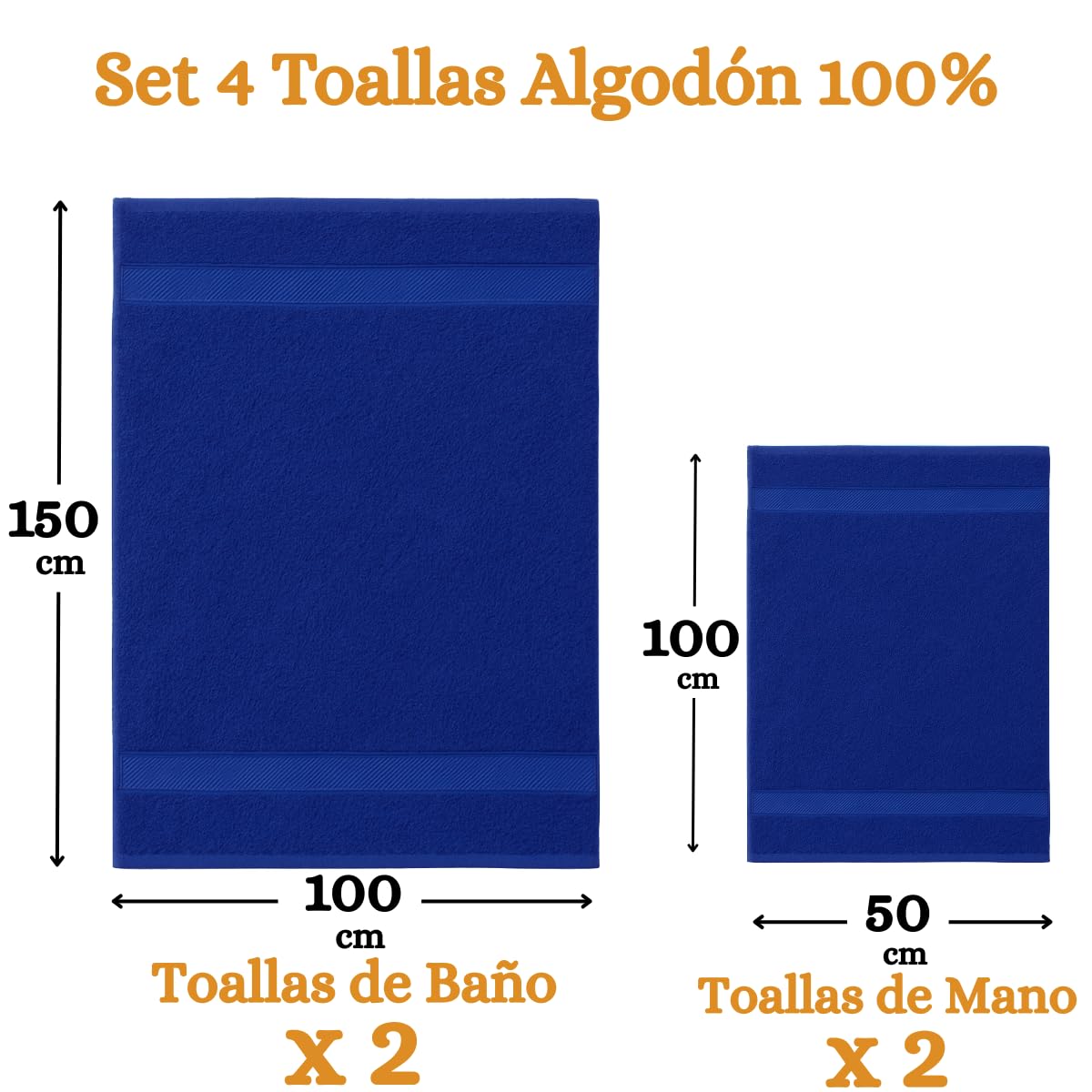 Set de 4 Toallas de Baño - 2 Grandes y 2 de Lavabo, 100% Algodón Premium - 2 de Ducha 100x150 cm y 2 de Manos 50x100 cm, Super Absorbente, 380 gsm - Secado Rápido (Azul Oscuro)