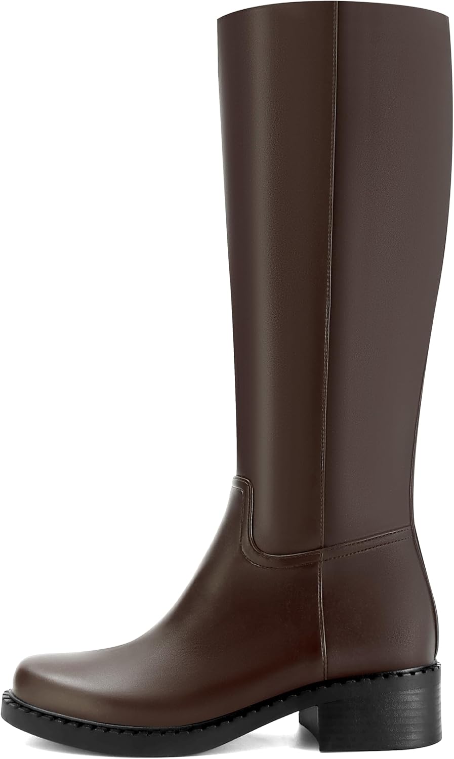Dsevht Black Knee High Boots for Women Faux Leather Elastic Low Heel Round Square Toe Side Zipper Fall Long Tall Boot