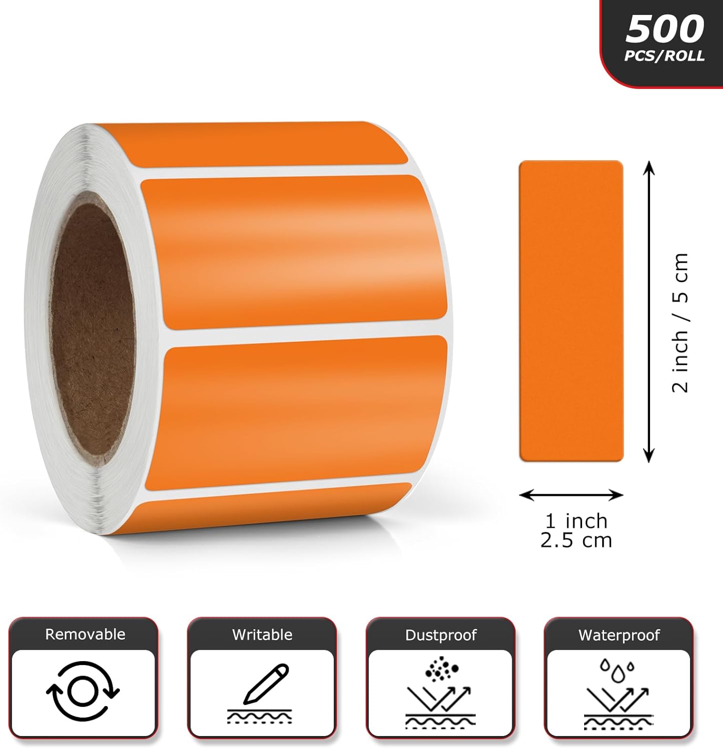 Orange Rectangle Stickers 2 x 1 Inch Color Coding Labels Vinyl Roll Self-Adhesive Waterproof Removable 500 PCS - Image 4