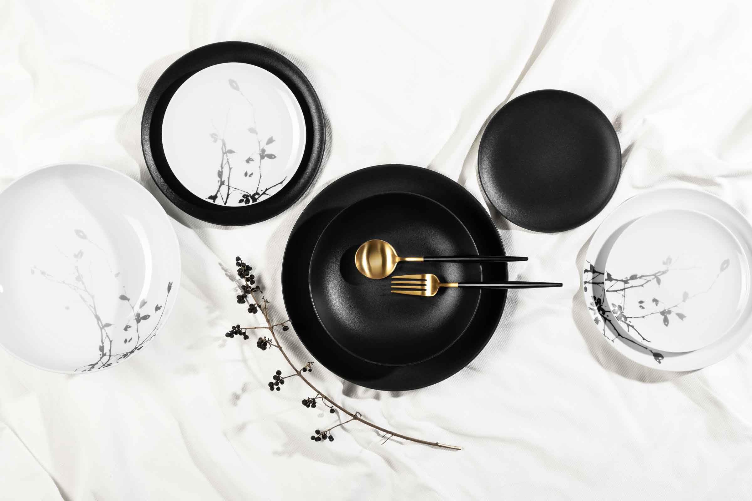 Seltmann Weiden Liberty Velvet Black Einsteiger-Set 8-teilig, Teller & Schalen für 2 Personen, Geschirr-Set mit mattem Finish, Porzellan, Schwarz
