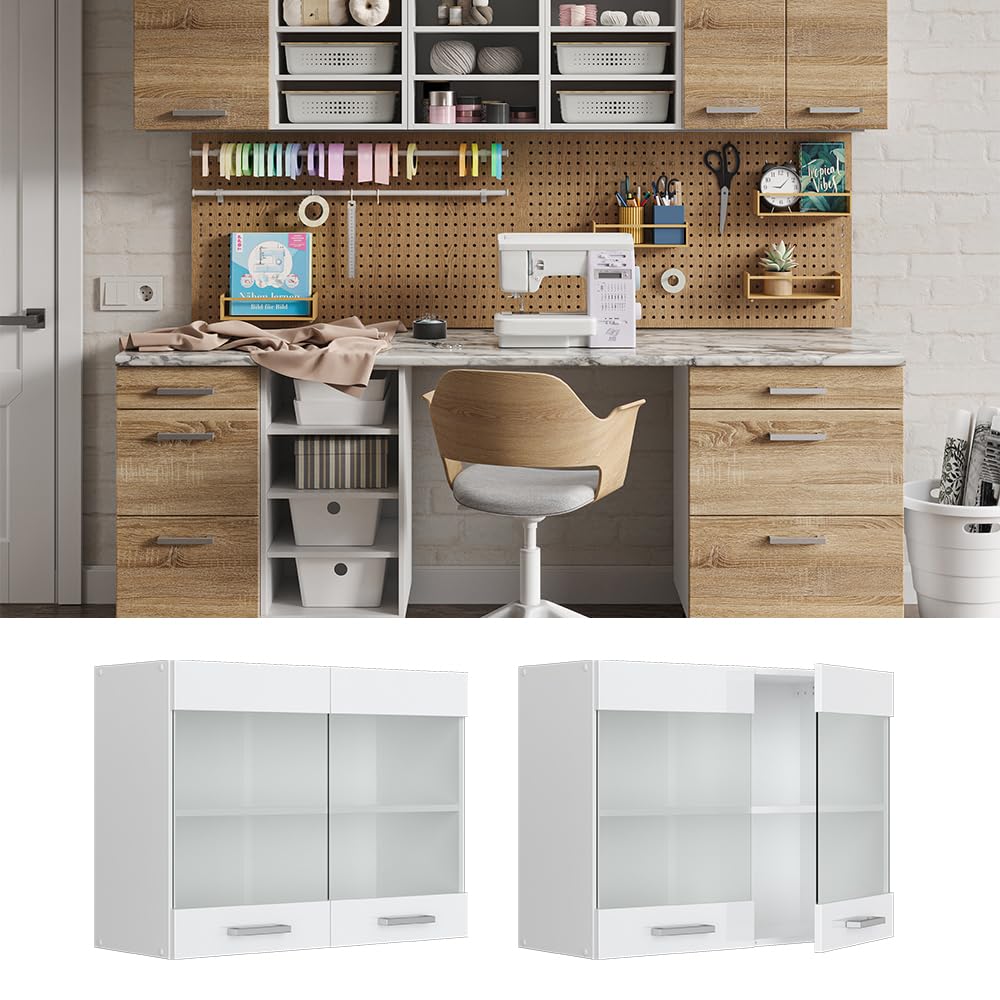 Vicco Hängeschrank R-Line, Weiß Hochglanz, 80 cm mit Glastüren, zur Aufbewahrung von Haushalts- und Gebrauchsgegenständen