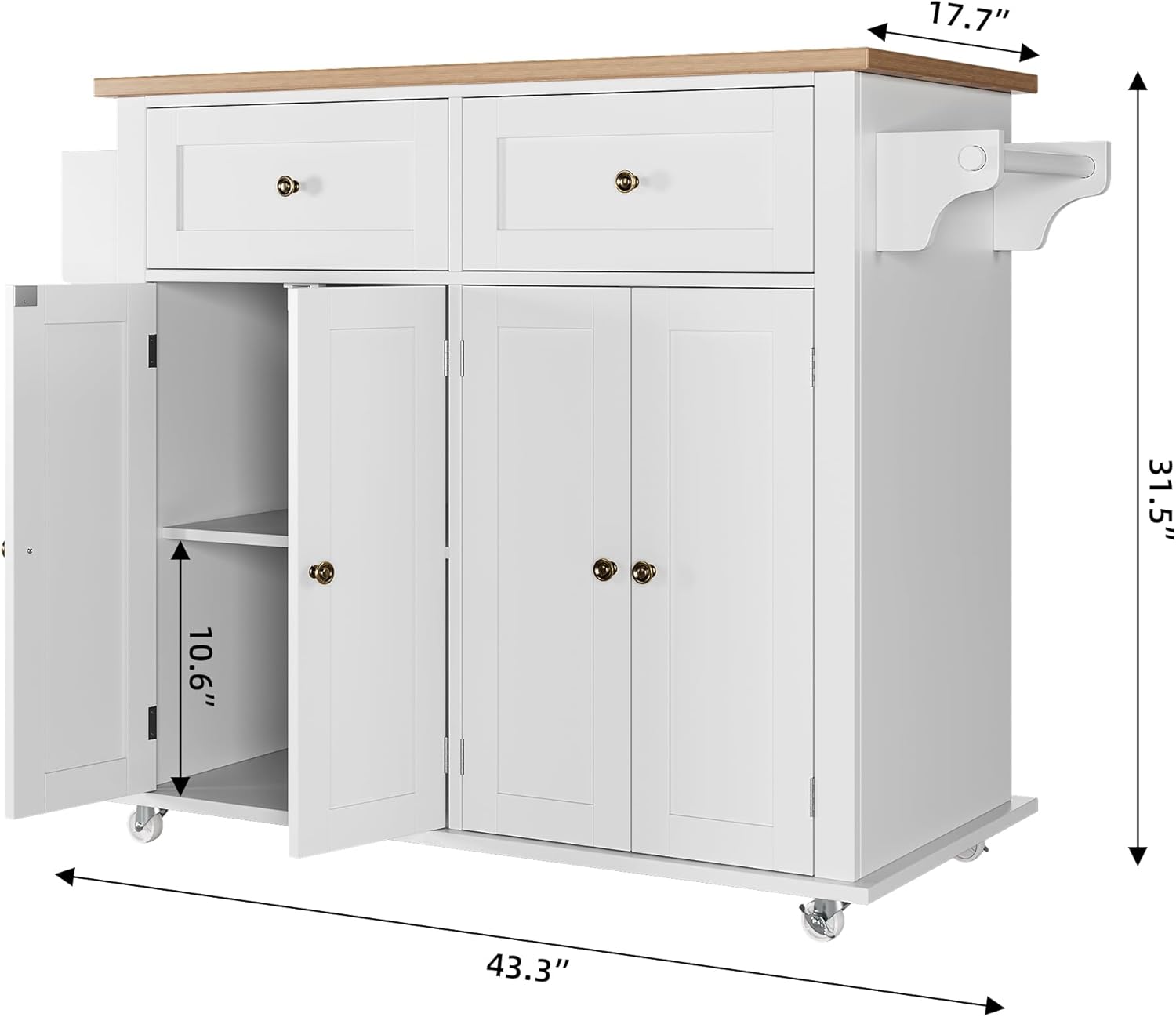 Kitchen Island Car with Storage, Wood Top Rolling Mobile Carts on Wheels with Drawer and Storage Cabinet, White