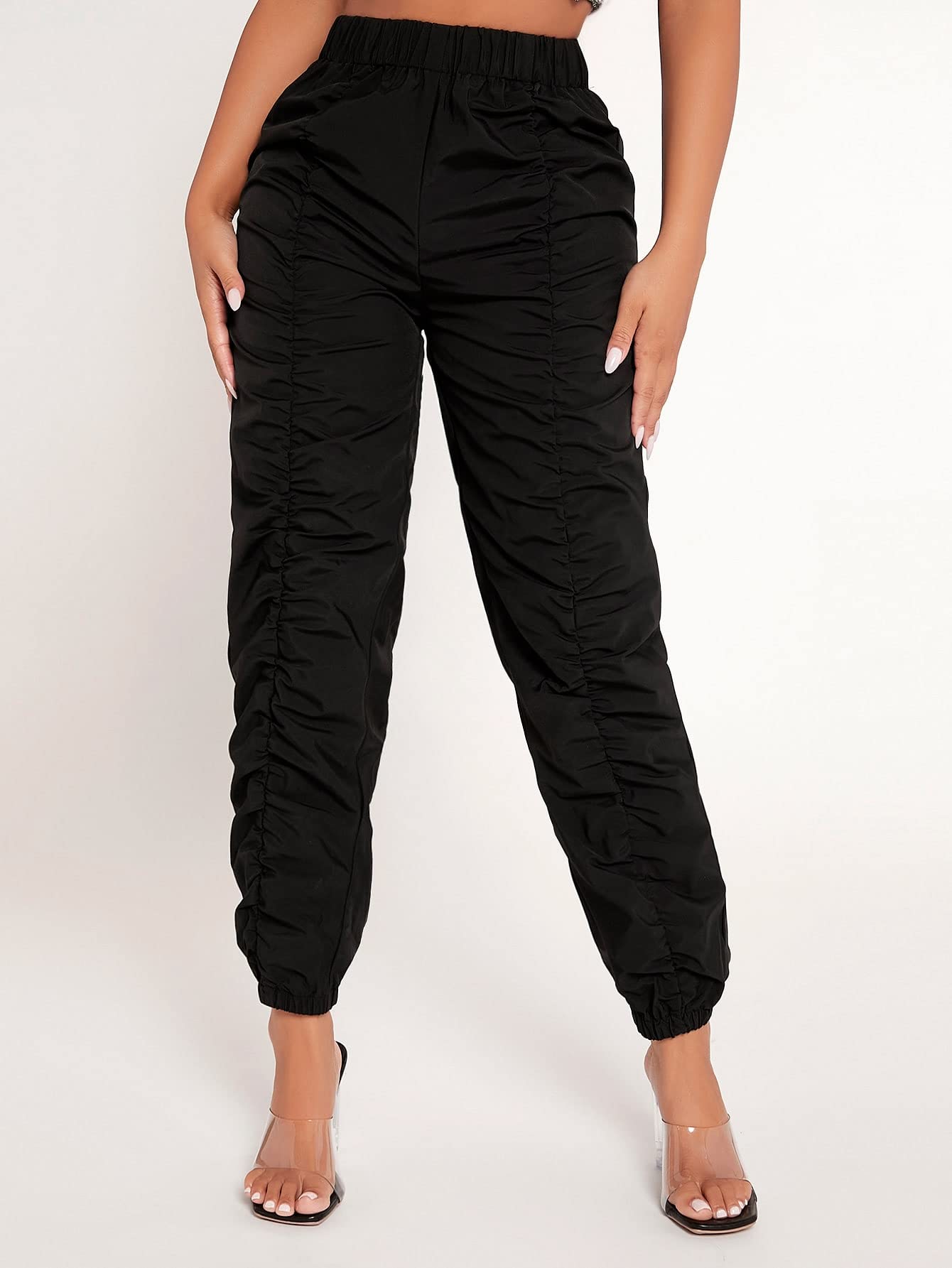Pants for Women - Solid Ruched Pants Color Black Size XX-Small