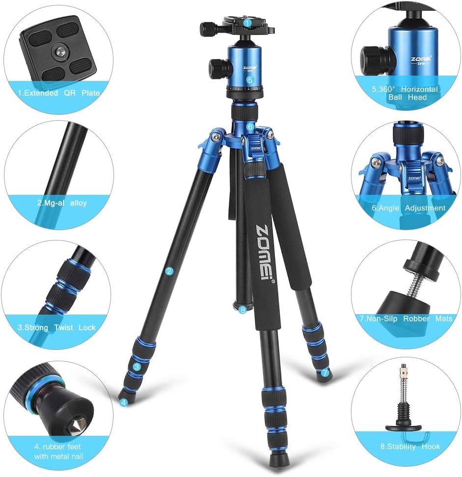 ZOMEi Camera Tripod，Light Weight Heavy Duty Portable Magnesium Aluminium Travel Tripod with Ball Head,Extra Quick Release Plate for Canon Sony Nikon DSLR Cameras