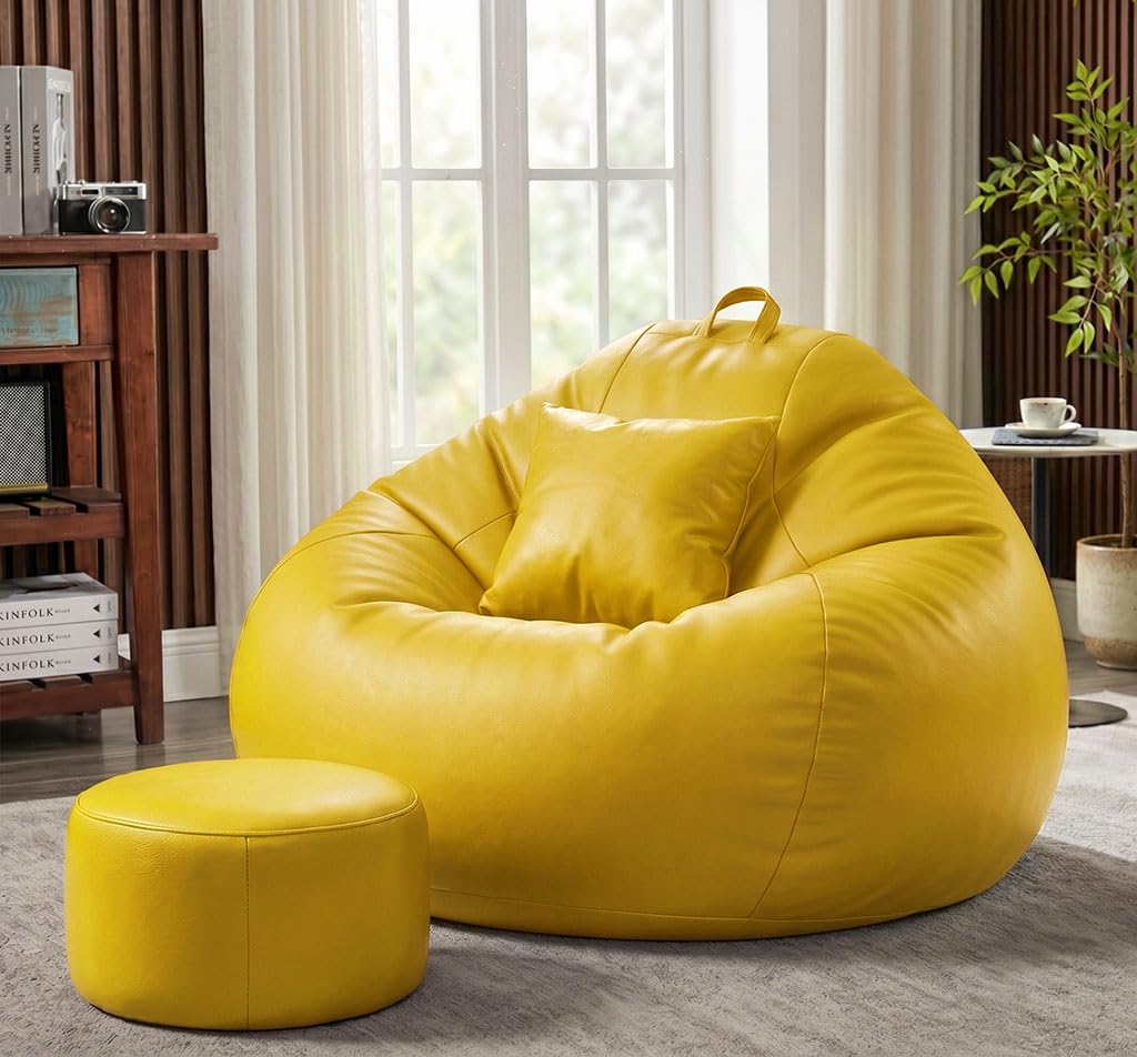 Sattva Classic 2XL Bean Bag Chair with Beans Filled, Footstool & Cushion | Faux Leather Sofa Style Bin Bags | Pre-Filled Large Beam Bag & Comfortable Beans Bag for Adults, Home & Office (Yellow)-picture-38