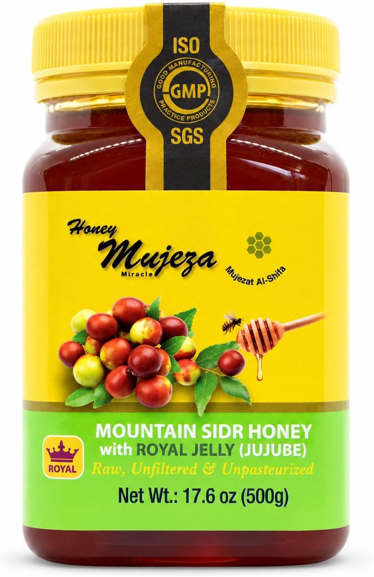 Authentic Mountain Sidr Honey with Royal Jelly โ Jujube Honey, Supports Mental Health, Memory and Cognition, 100% Natural, Raw Liquid Honey, Gluten Free (500g / 17.6oz)