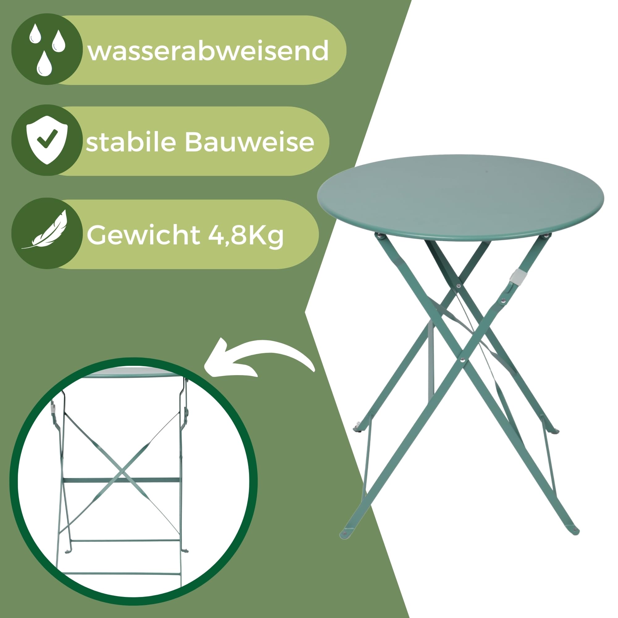 ALBATROS Set da bistrot 3 pezzi verde – tavolo da bistrot con 2 sedie – sedie pieghevoli e tavolo in metallo robusto – ideale come set di mobili da balcone o mobili da giardino dal design moderno