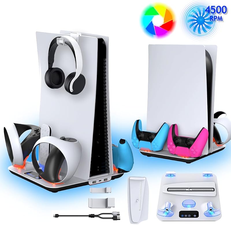 SOTY PS5 Cooling Station for Slim/Pro, PS VR2 Charging Dock, Silent Fan | Charging Station for VR2,Silent Cooling Fan, Dual Controller Charger, Vertical Stand and Game Storage Organizer.