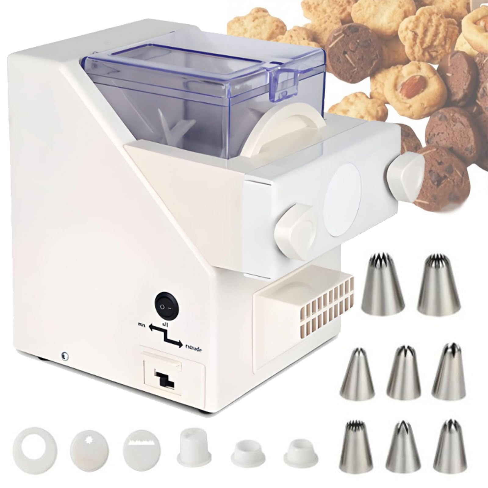 Quixnova 180W Electric Cookie Press Tool - Electric Pastry Press & Cookie Making Machine with 8 Replaceable Nozzles & 6 Cookie Molds for Kitchen Cake Shop Baking