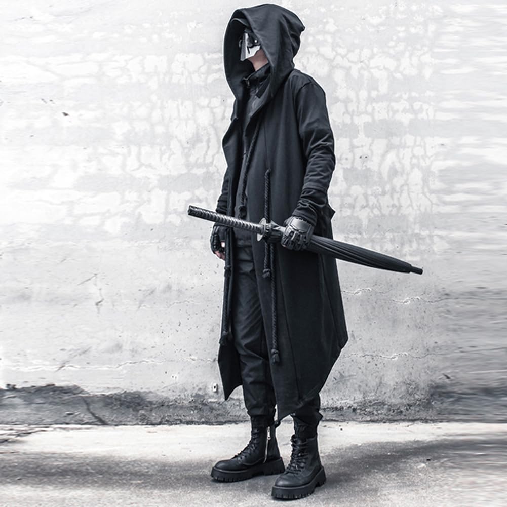 Gothic Cloak Long Hoodie Herren Schwarz Zauberer Hoodies Streetwear Cardigan Hoodie Techwear Herren