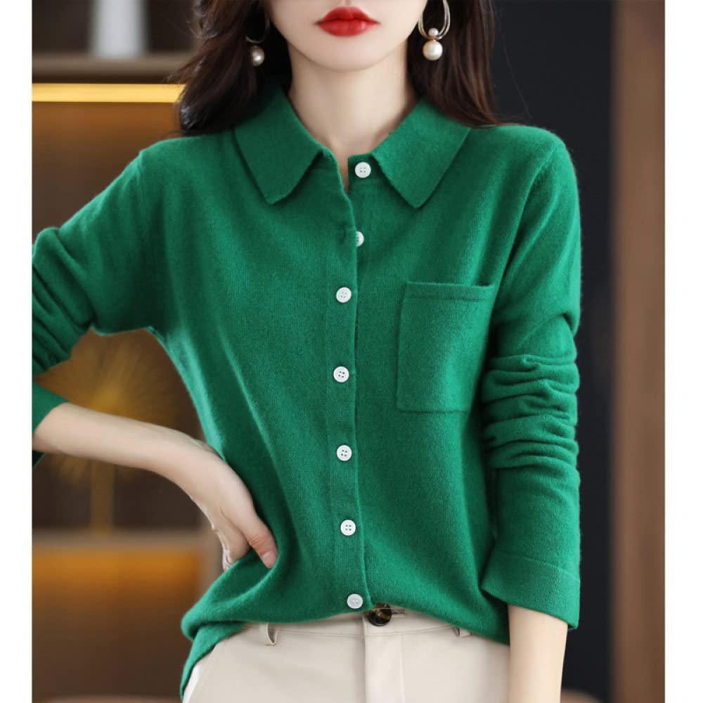 EIBA Cárdigans para Mujer Cárdigans De Punto para Mujer Informal Liso con Solapa De Bolsillo Esmeralda Botón De Cuello Suéteres Delanteros Abiertos Cárdigan Manga Larga Acogedora De Oto
