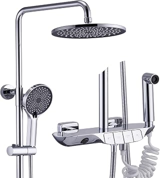 BEITH Thermostatic Shower System, Modern 4 Piano Keys Shower Mixer Set, Square/Round Shower Head Set with 3 Modes Handeld, Booster Spray Gun, Bathtub Faucet, 59A Brass, Height Adjustable