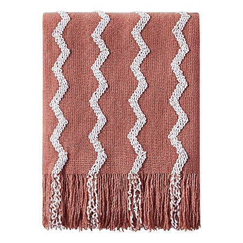 Bourina Fluffy Chenille Knitted Fringe Throw Blanket Lightweight Soft Cozy For Bed Sofa Chair Throw Blankets, Coral Pink 50" X 60" #TOP22