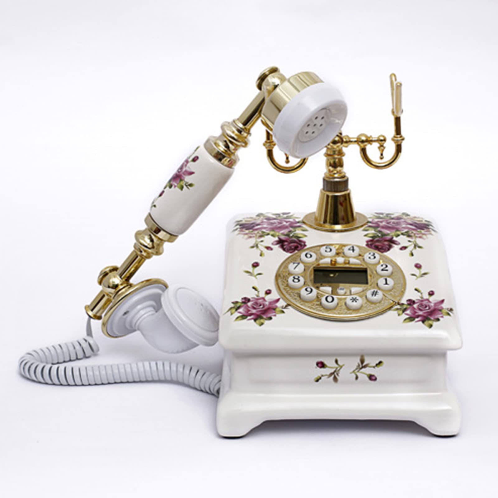 Vintage Ceramika Telefon stacjonarny. Tarcza telefon antyczny europejski styl lite drewno, duży przycisk telefon stacjonarny do domowego biura