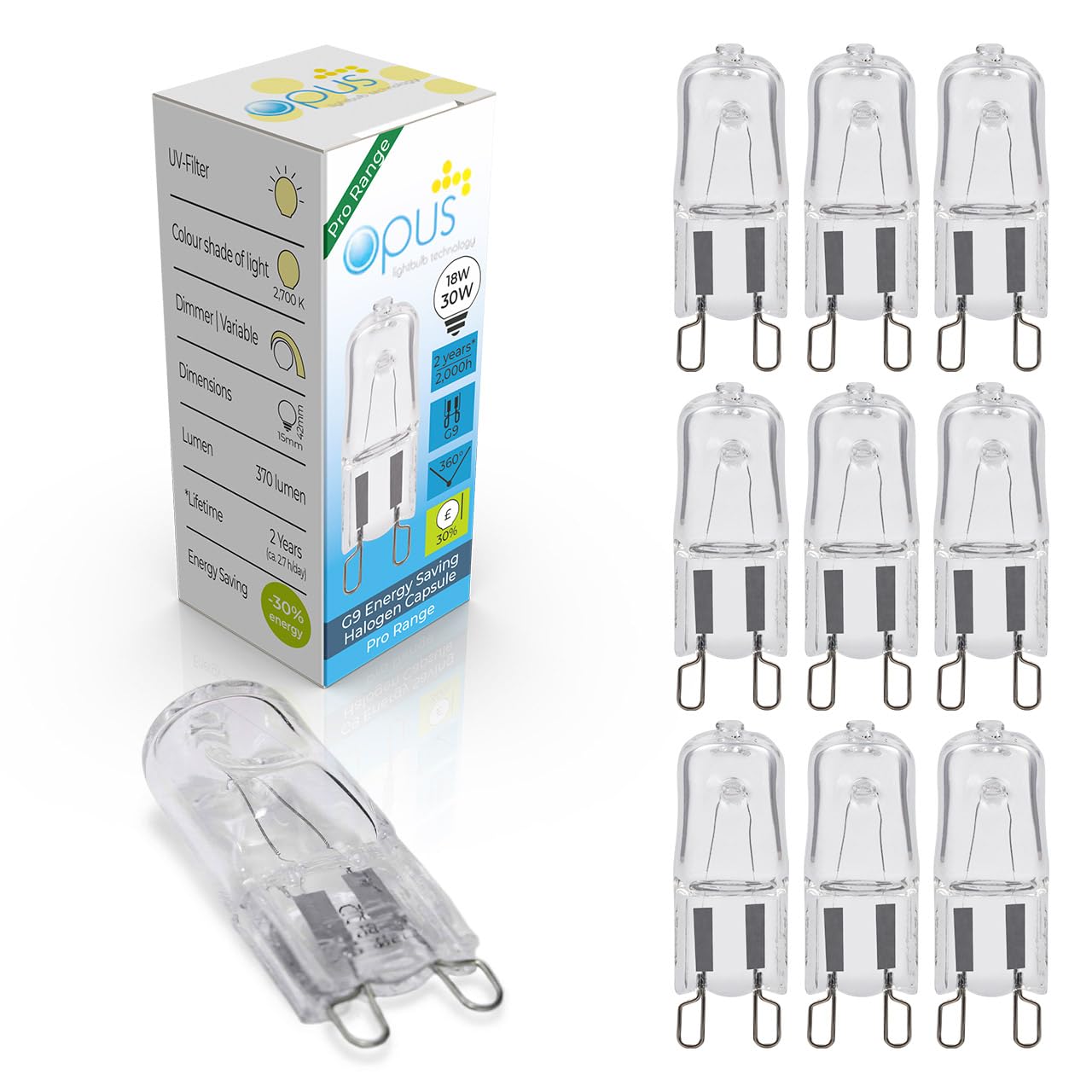 Opus G9 Halogen Bulb 18W - Equivalent to 26W G9 Bulb - Warm White 2700K - Long Life 2,000 Hours - Clear Glass Capsule - Dimmable - 2 Pin Light Bulbs - 10 Pack Lightbulbs