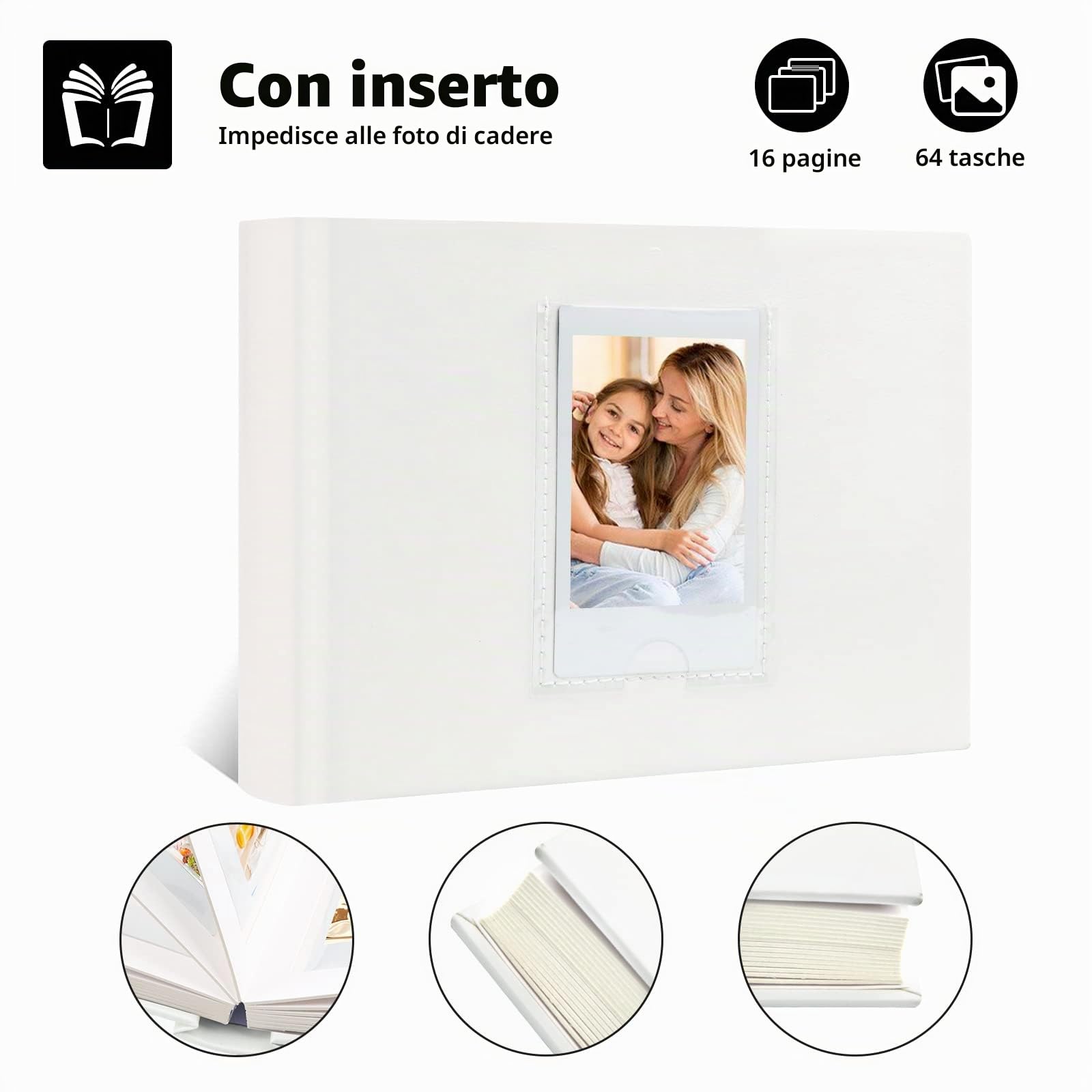 Mini album fotografico a 64 tasche con spazio per scrivere, finestra frontale, per album fotografico Polaroid 3 Inch， per Fujifilm Instax Mini 12 11 9 8 7+ 40, Kodak Zink, HP Sprocket (Bianco)