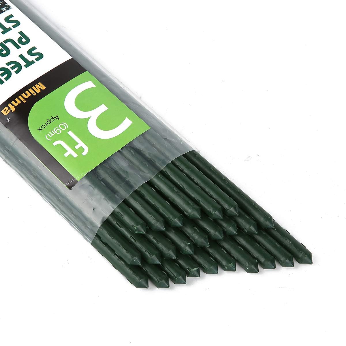 Mininfa Green Metal Garden Plant Stakes 90cm(3ft) x 11mm, 25 Pack, Plastic Coated Steel Garden Canes Supports Climbing for Tomatoes, Trees, Beans, 25 Pack