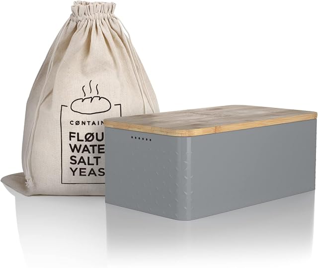 LARS NYSØM Bread Box I Bread Bin with Linen Bread Bag for Long-Lasting Freshness I Bread Box Bamboo Lid Usable as Cutting Board I 13.4x7.3x5.3 in