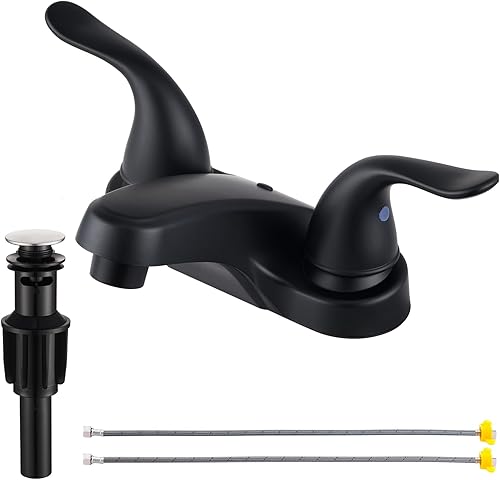 Grifo de lavabo de baño con doble asa, juego central de 4 pulgadas, grifo de fregadero negro para baño con tapón de drenaje emergente, grifos de