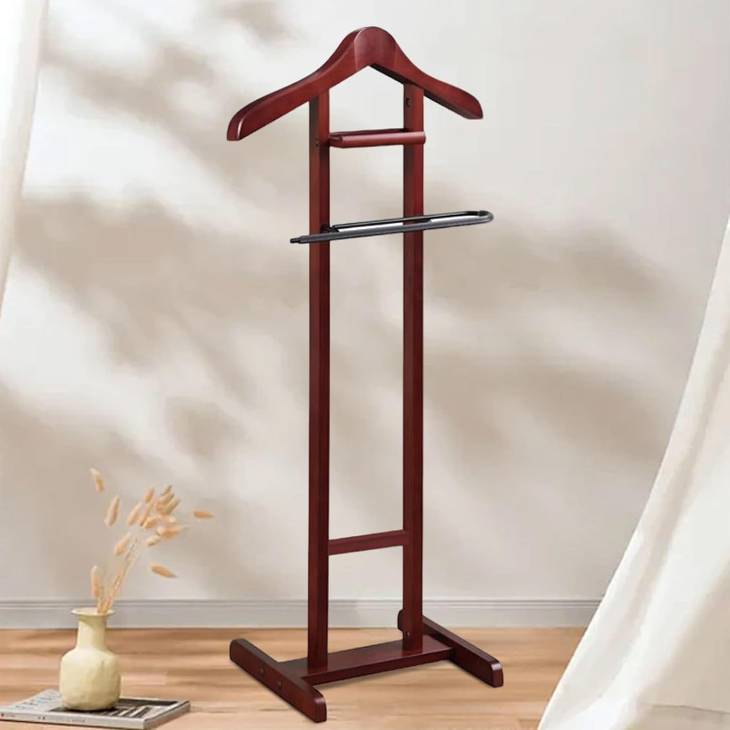 Sleek Wooden Valet Stand for Men - Stylish Clothes nizer with Trouser Bar & Tie Rack, Perfect for Modern Living Room or Bedroom Décor, Space-Saving Design