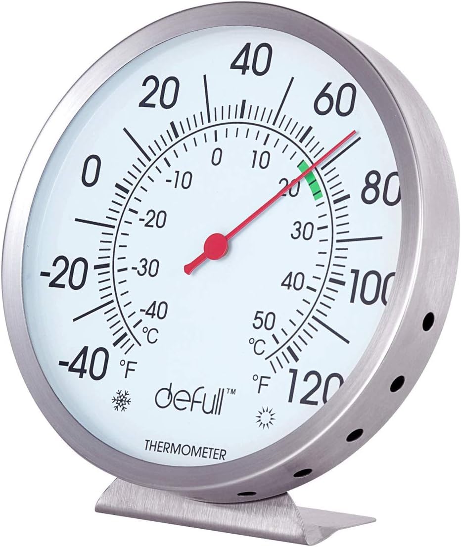 5" Large Dial Indoor Outdoor Thermometer - Battery-Free, Dual Scale -40°F to 120°F / -40°C to 50°C, Stainless Steel with Wall Mount or Table Stand for Home, Patio, Garage