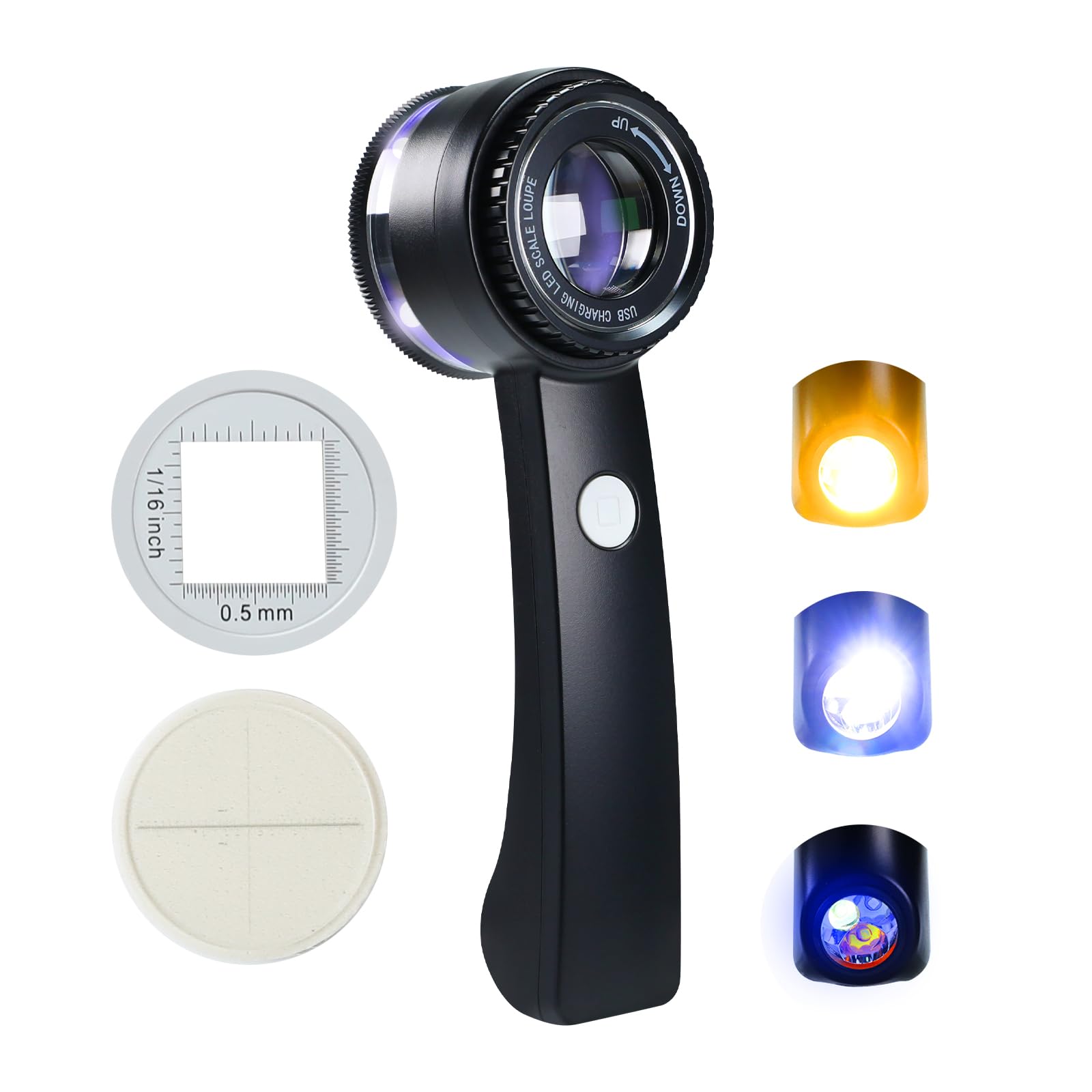 10-fache Lupe, wiederaufladbar, Handlupe mit LED-Licht, Skala, K9-Linse und 3 starken Lichtquellen, verstellbare Brennweite, Schmucklupe für Edelsteine, Münzen