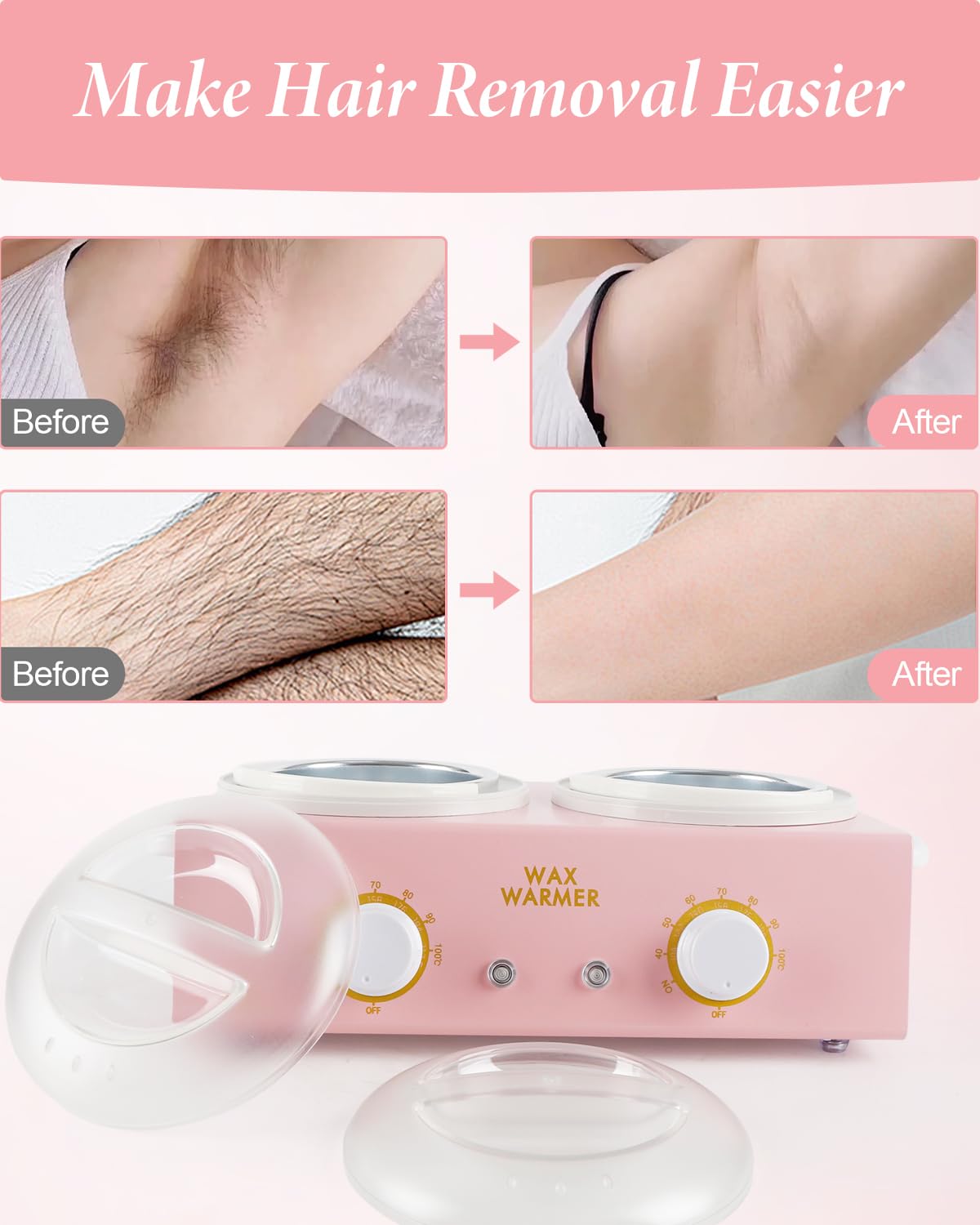 Riscaldatore di cera professionale doppio, 220 V 200 W, scaldacera per depilazione, scaldacera da 1000 ml, con 20 bastoncini, 20 collari e 100 strisce di cera, per saloni, spa e uso domestico (rosa)