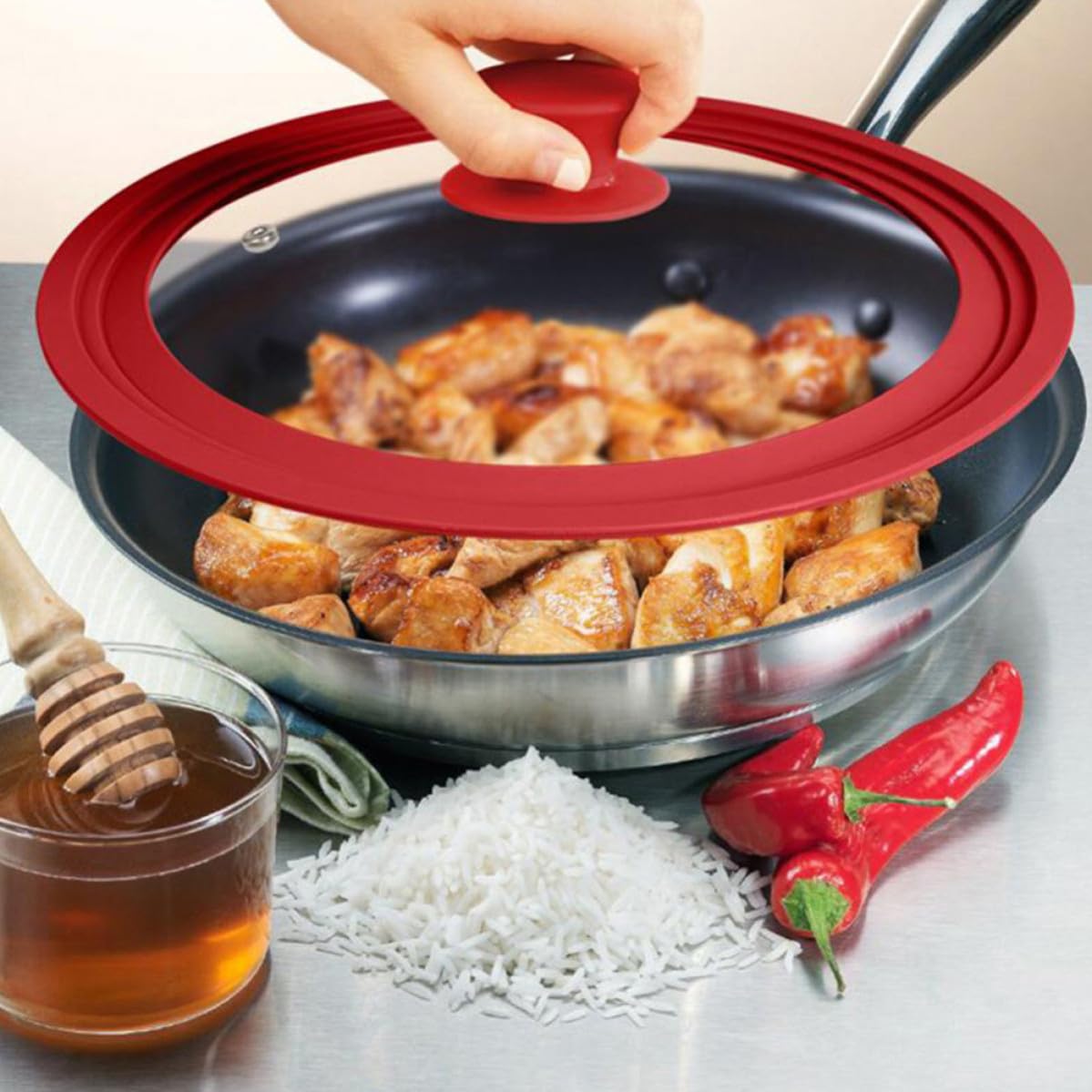 Tapa de Olla Pomo de Vidrio Templado Redonda Visible Rojo | 1, Cubre Ollas de Cocción y Guiso, Resistente a Cambios Bruscos de Temperatura, Borde Antiquemaduras