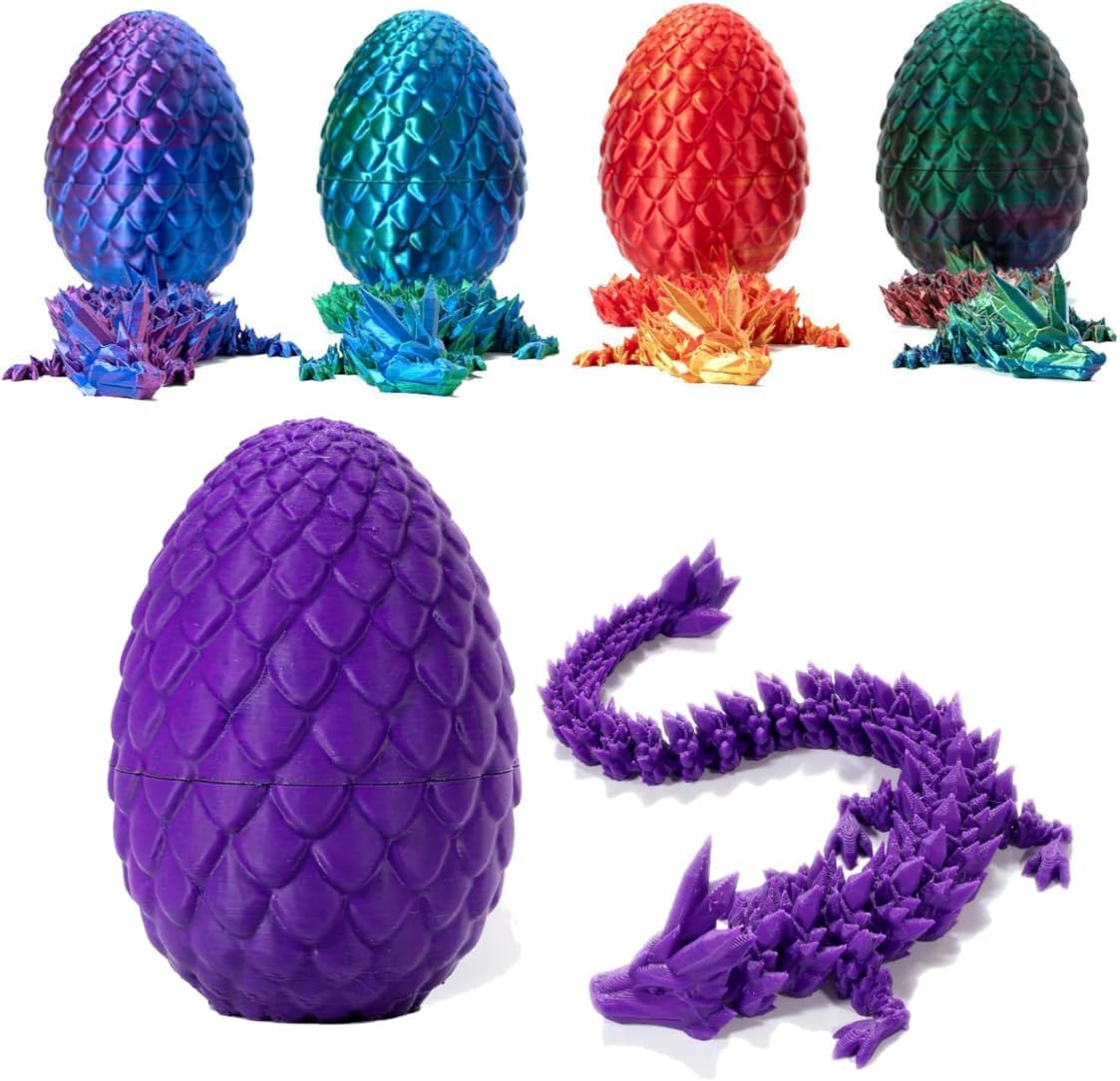 3D Printed Articulated Dragon in Egg - Crystal Dragon Fidget Toy, Home Office Decor Executive Desk Toy for Kids Adults (Purple)