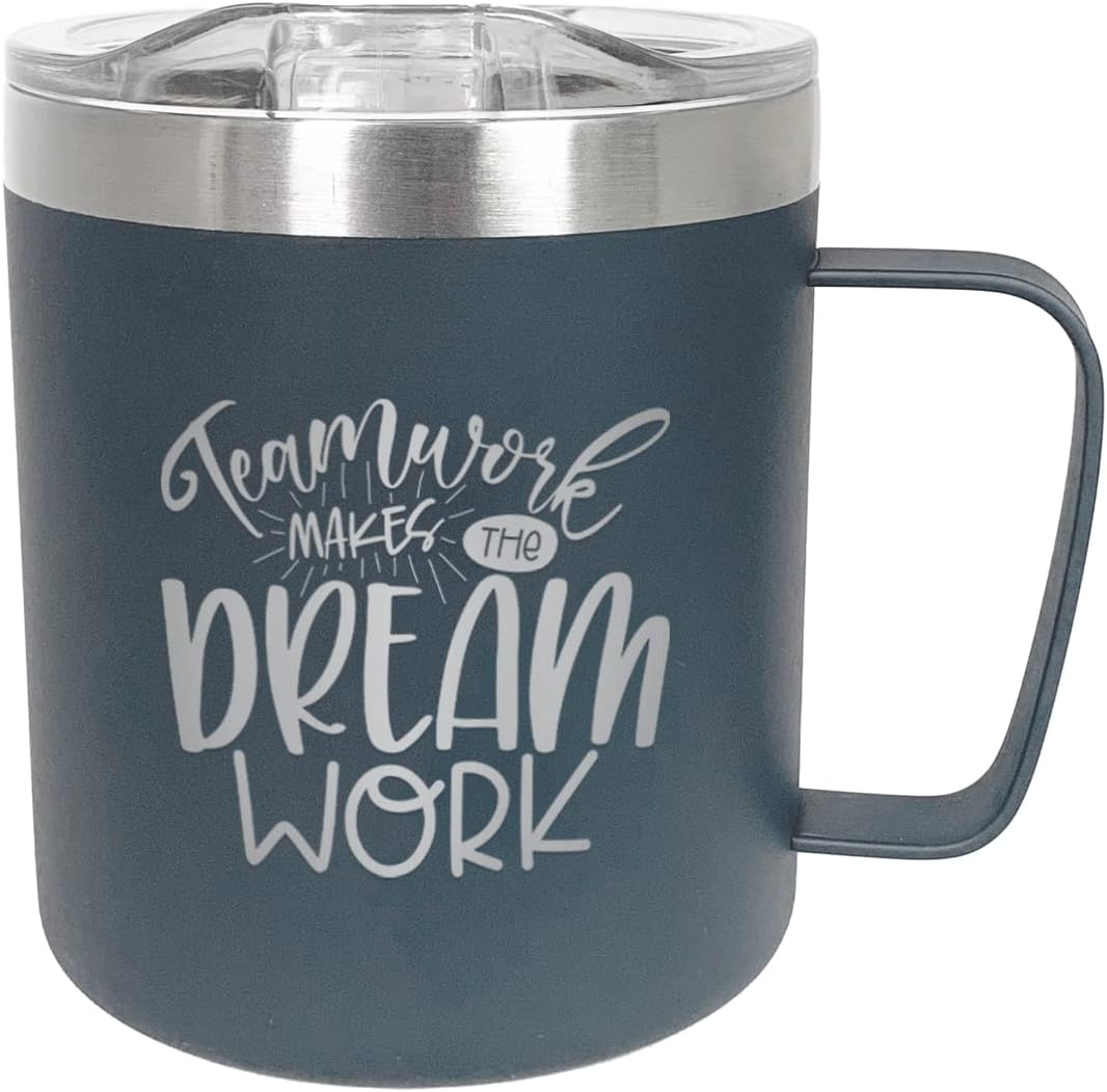 Vineen Imprints Online Teamwork Makes The Dream Work Coffee Cup Mug / 12 oz. Navy Blue Engraved To Go Stainless Steel Mugs / Employee Appreciation Gift / Made In USA